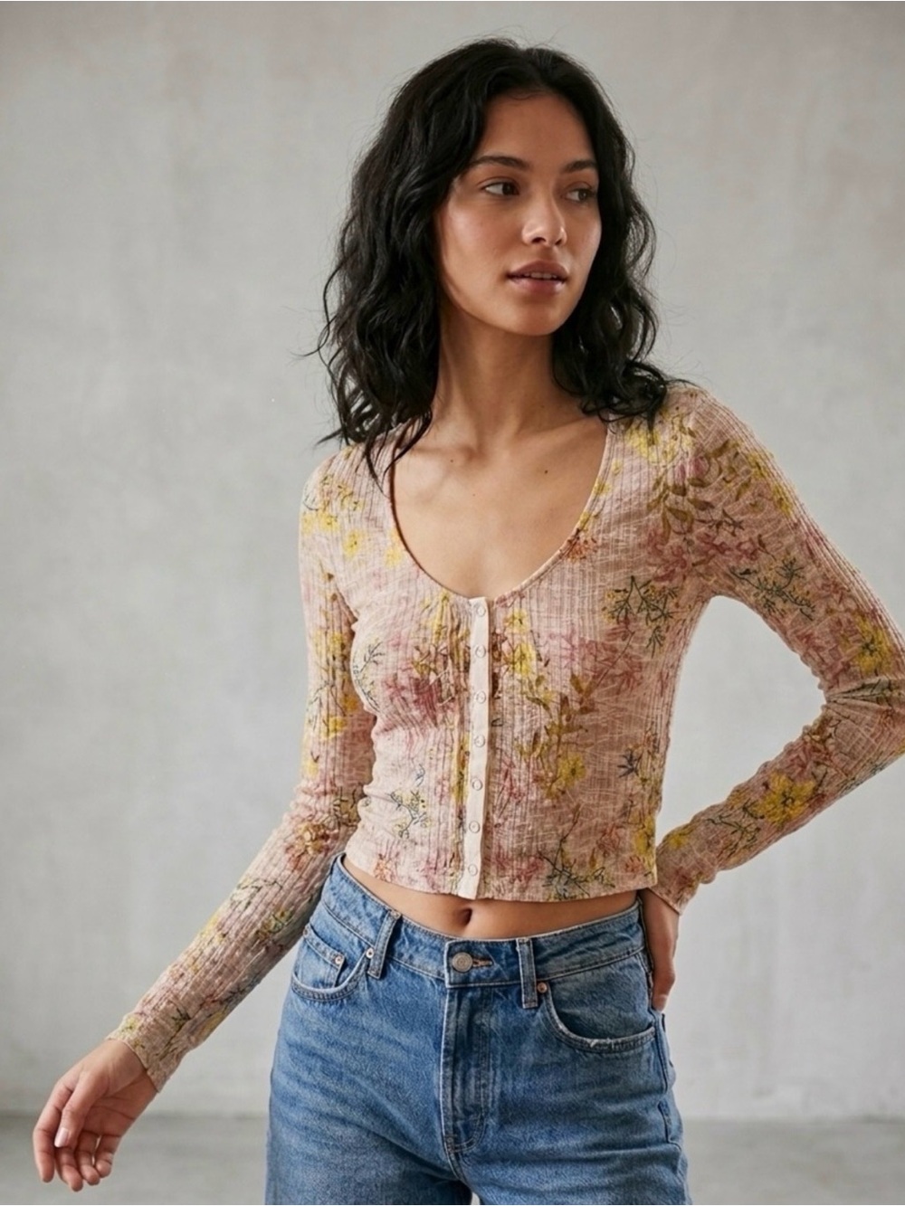 NWT, Free People Angelina Pink And Yellow Floral Sheer Long Sleeve, Small